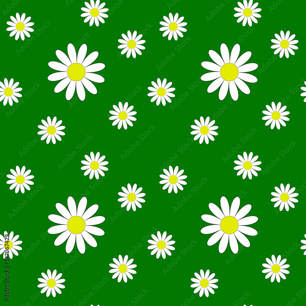 Seamless pattern with daisies on a green background. Flowers of different sizes. Printing on children's textiles. Summer flowers.Nice illustration.Floral print. Vector