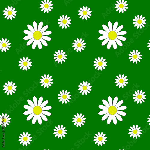 Fototapeta Naklejka Na Ścianę i Meble -  Seamless pattern with daisies on a green background. Flowers of different sizes. Printing on children's textiles. Summer flowers.Nice illustration.Floral print. Vector
