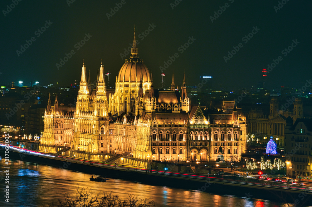 Hungarian Parliament illuminated at night in Budapest, Hungary