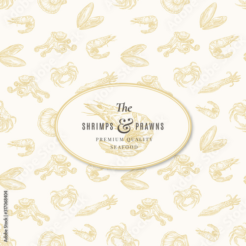 Shrimps and Prawns Abstract Vector Sign, Symbol or Logo Template. Elegant Shrimp Drawing Sketch with Seafood Seamless Pattern Background. Clams, Scallops, Crabs, Squids and Octopus.
