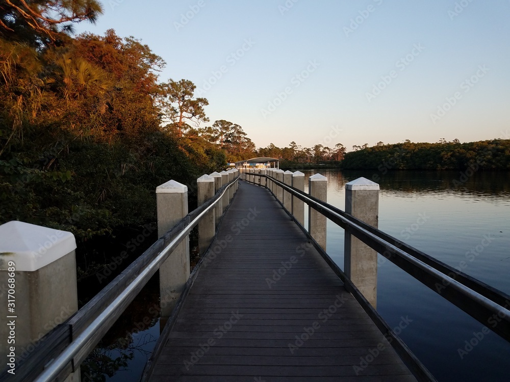 boardwalk or trail with railing and water in lake