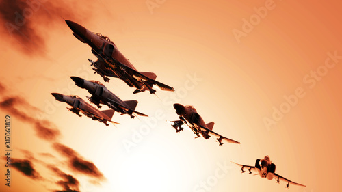 Early morning flying jets in flypast formation 3d render photo