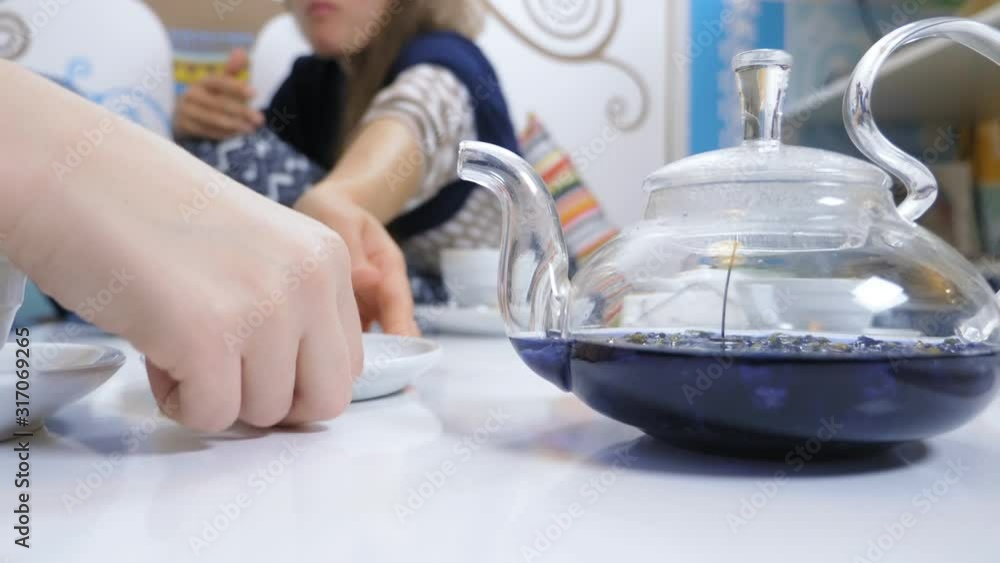blue tea from the flowers klitoria in teapot. fashionable design food blue tea from the flowers klitoria in teapot. fashionable design food