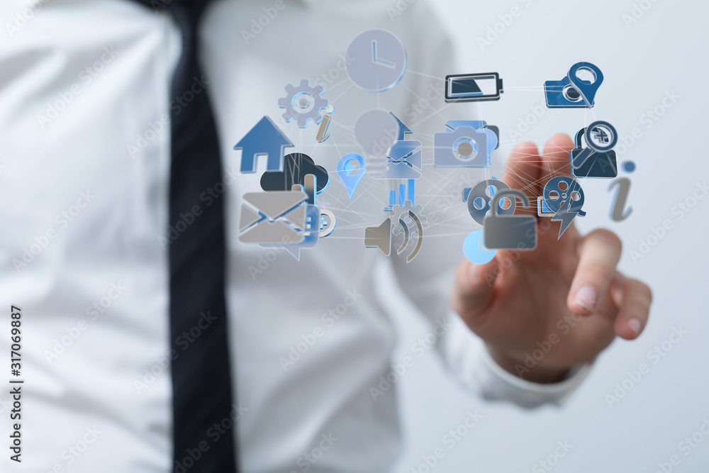 cloud connected to many objects on a virtual screen. cloud connected to many objects on a virtual screen.