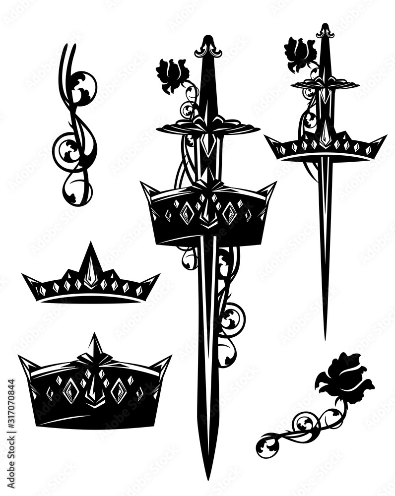 vertical knight sword with royal crown and rose flower black and white ...