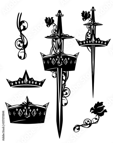vertical knight sword with royal crown and rose flower black and white vector medieval style heraldry design