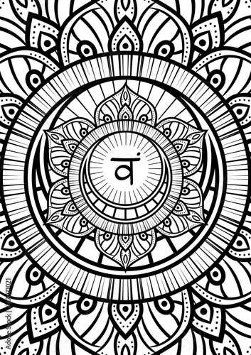 Svadhishthana, sacral chakra symbol. Colorful mandalamandala. Adult coloring book page. Vector illustration