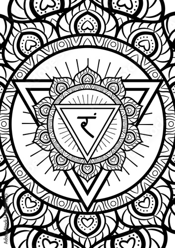 Manipura, solar plexus chakra symbol mandala. Adult coloring book page. Vector illustration