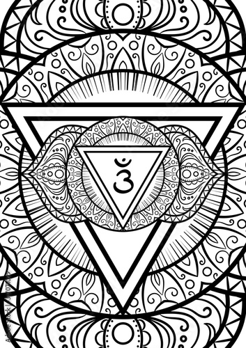 Ajna, third eye chakra symbol mandala. Adult coloring book page. Vector illustration
