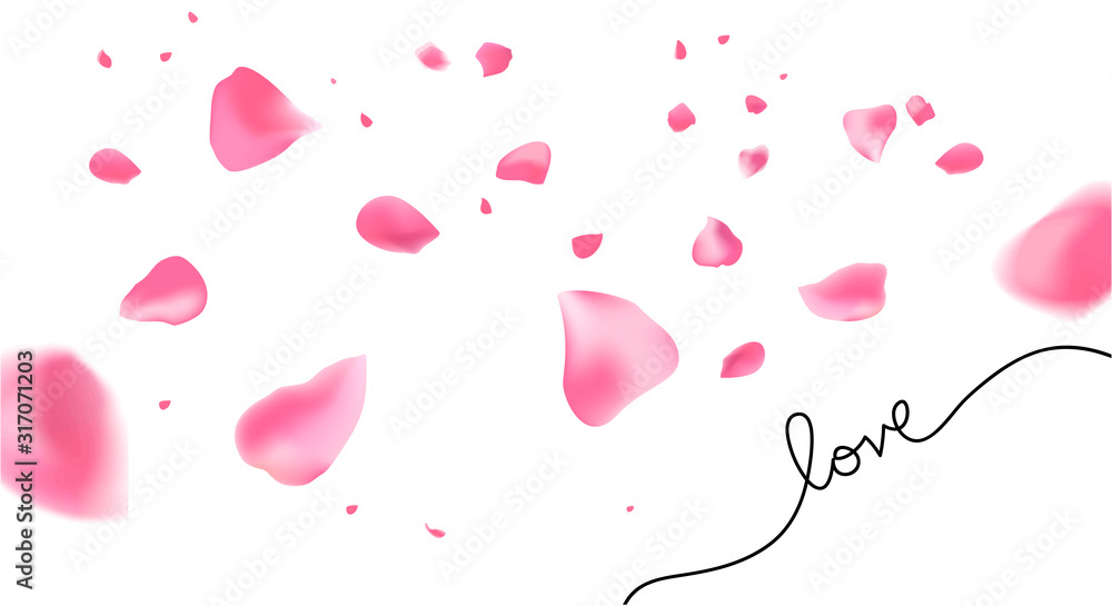 Valentines Love Falling floating romantic pink petals with handwritten text saying love creating romantic atmosphere