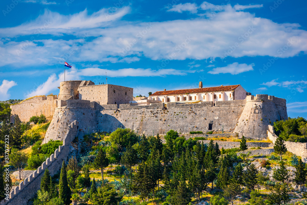 The Fortica fortress (Spanish Fort or Spanjola Fortres) on the Hvar island in Croatia. Ancient fortress on Hvar island over town (citadel), popular touristic attraction of Adriatic coast, Croatia.