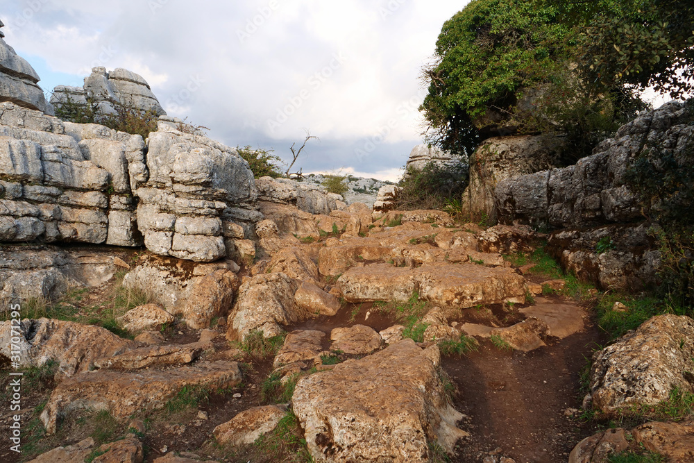 View on rocks and rock formations in the beautiful karst landscape of El Torcal del Antequera, Spain, Europe