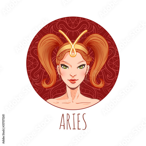 Aries zodiac sign artwork, beautiful girl face, horoscope symbol, star sign, vector illustration