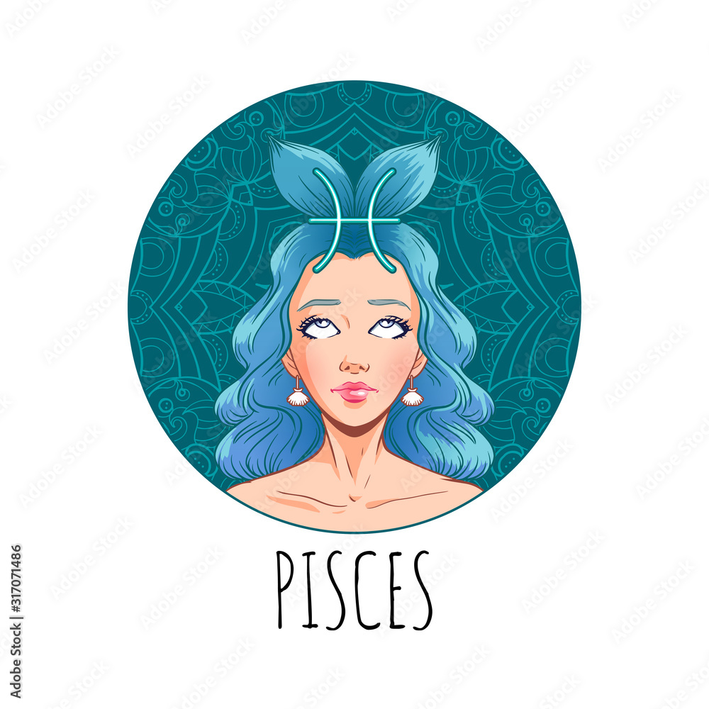 Pisces zodiac sign artwork, beautiful girl face, horoscope symbol, star ...