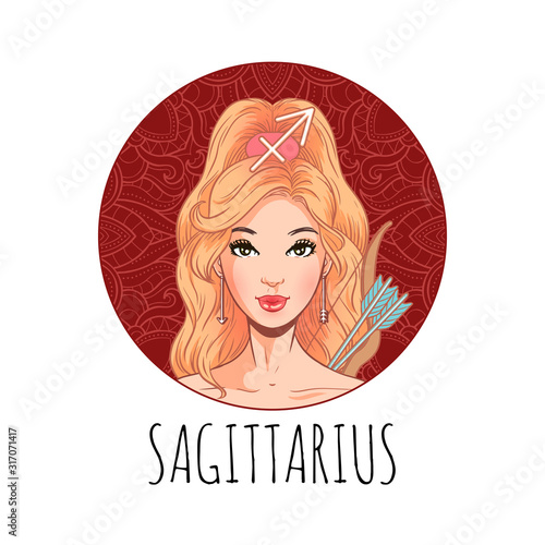 Sagittarius zodiac sign artwork, beautiful girl face, horoscope symbol, star sign, vector illustration