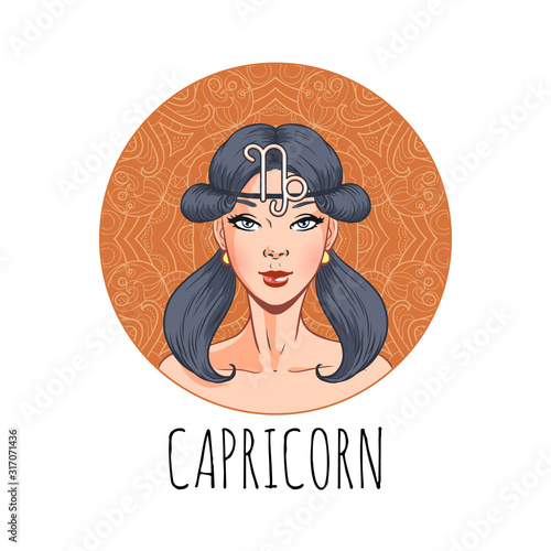 Capricorn zodiac sign artwork, beautiful girl face, horoscope symbol, star sign, vector illustration
