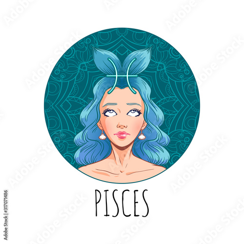 Pisces zodiac sign artwork, beautiful girl face, horoscope symbol, star sign, vector illustration