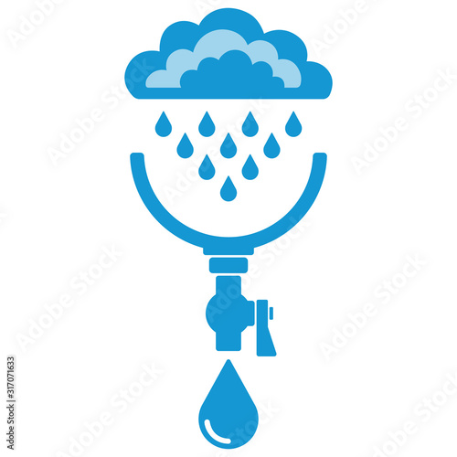 Symbols of clouds, rain, drops, system of rain water harvest. Concept of save water resources. Vector illustration.
