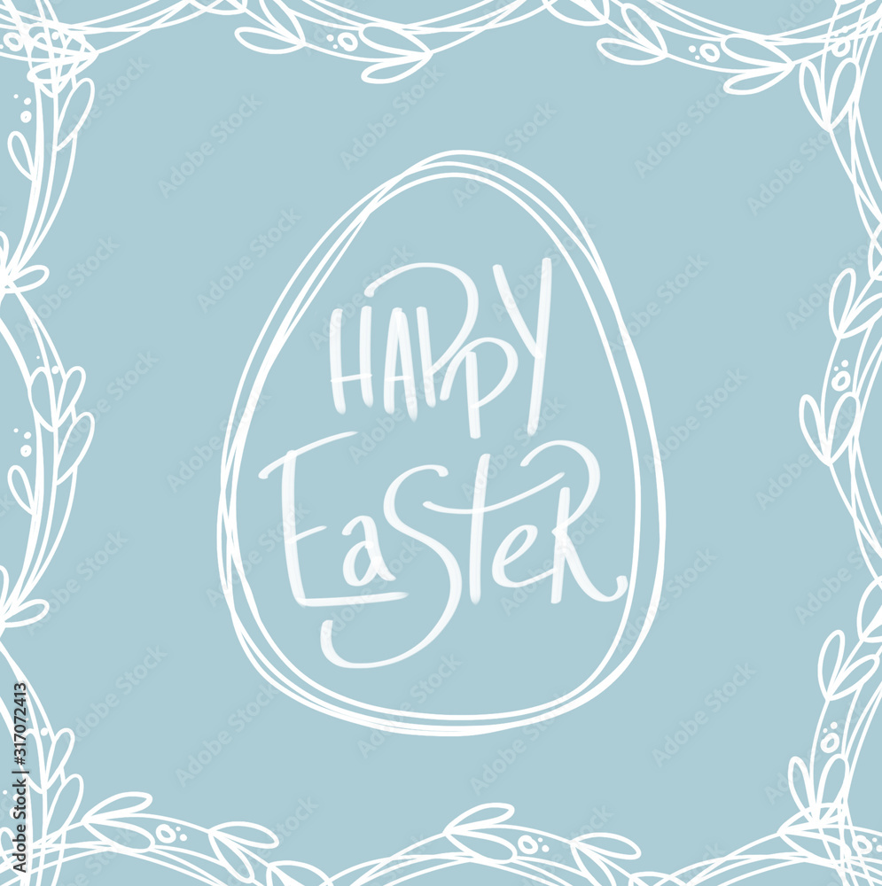 Digital contour linear illustration with handwritten inscription Happy Easter in a frame of twigs and berries. Print for cards, banners, posters, invitations, web design.