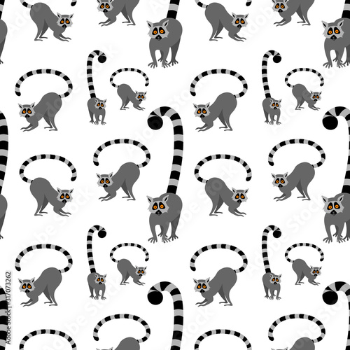 Fototapeta Naklejka Na Ścianę i Meble -  Seamless pattern with cute lemurs isolated on white background. Flat vector illustration.