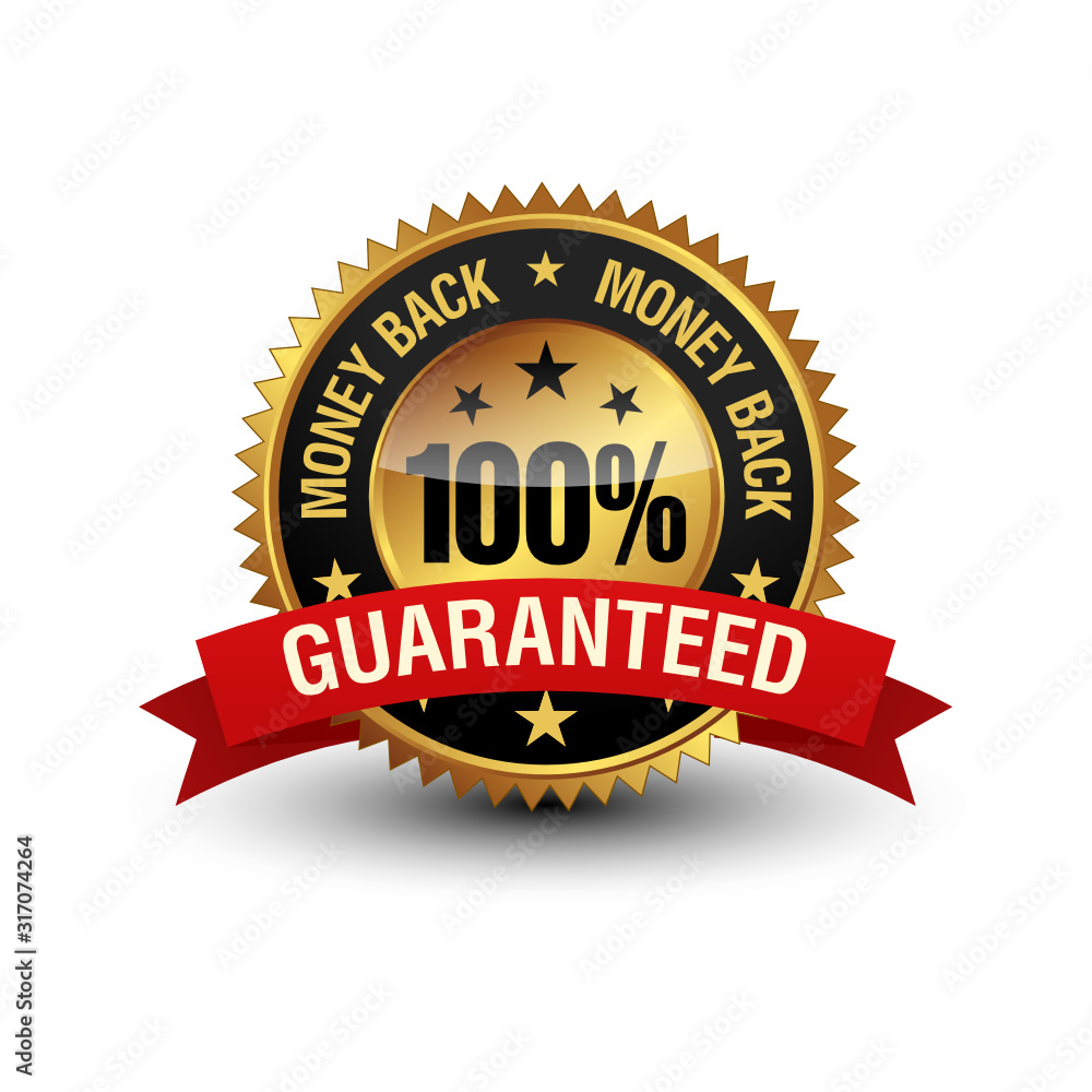 Very powerful golden color 100% money back guaranteed badge with red ribbon on top. Isolated on white background. Very powerful golden color 100% money back guaranteed badge with red ribbon on top. Isolated on white background.