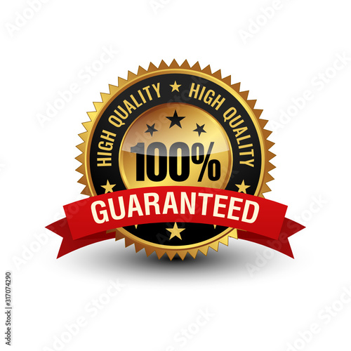Very powerful golden color 100% high quality guaranteed badge with red ribbon on top. Isolated on white background.