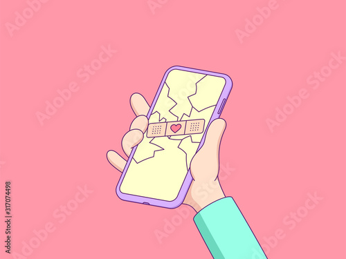 Cartoon hand keeps touchscreen phone with cracked display. Broken screen repaired by patch with heart