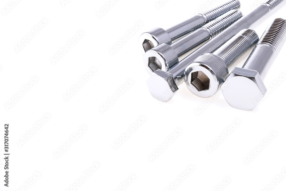 Fototapeta premium Shiny Chrome Nuts Bolts on White Background