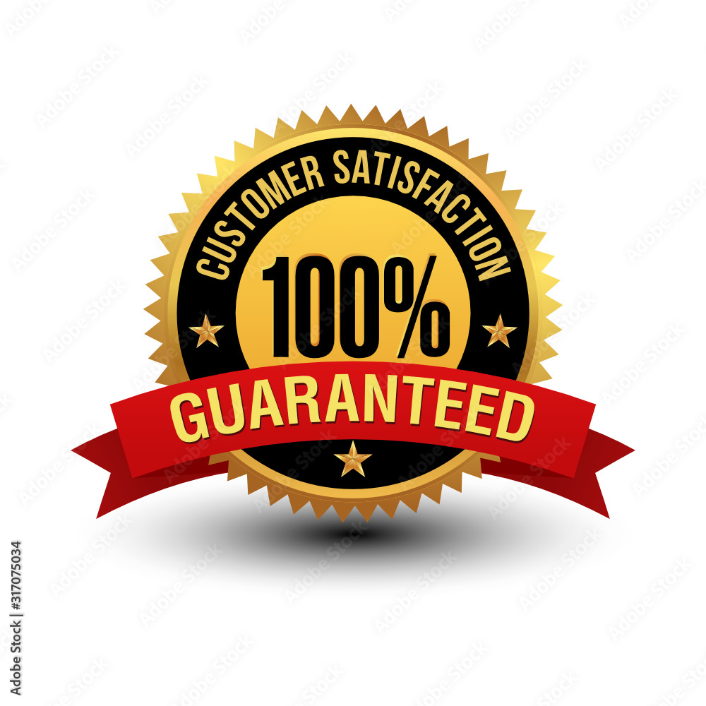 Powerful 100% customer satisfaction guaranteed badge with red ribbon. Powerful 100% customer satisfaction guaranteed badge with red ribbon.