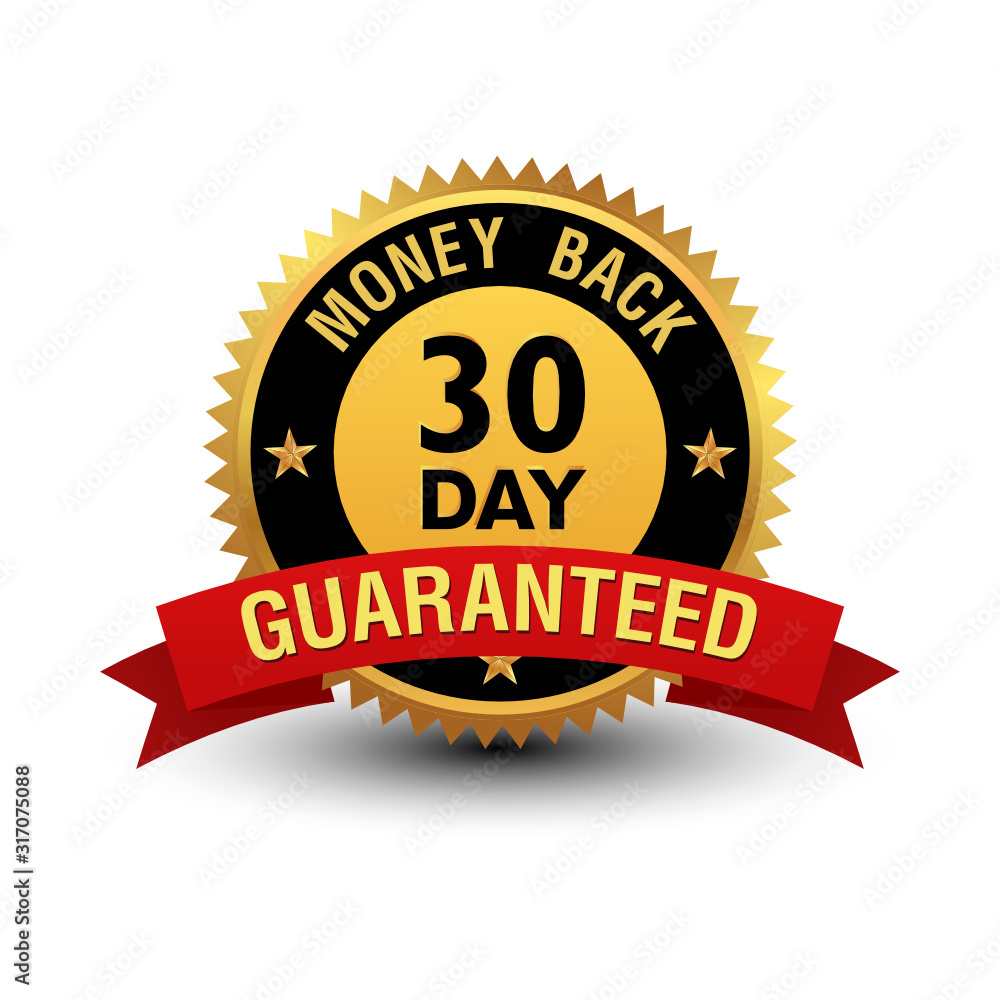 Powerful 30 day money back guaranteed badge with red ribbon. Powerful 30 day money back guaranteed badge with red ribbon.