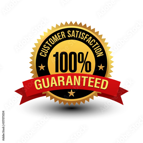 Powerful 100% customer satisfaction guaranteed badge with red ribbon.