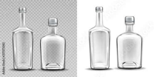 Two empty glass bottles for alcohol. Vector set of realistic clear whiskey, gin, tequila or brandy bottles with metal caps isolated on transparent and white background