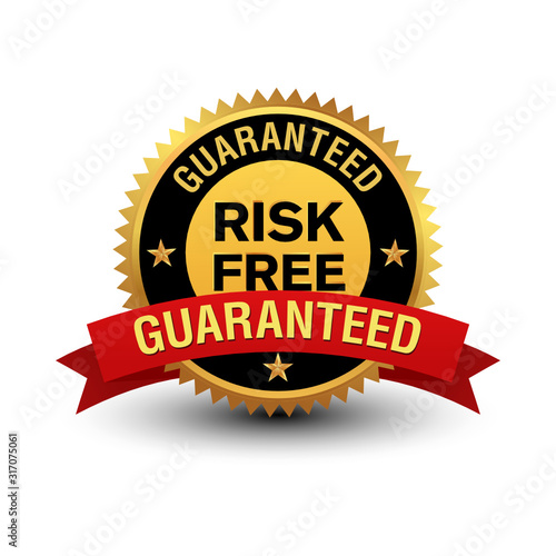 Powerful risk free guaranteed badge with red ribbon.