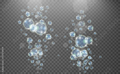 White beautiful bubbles on a transparent background vector illustration. Soap bubbles.