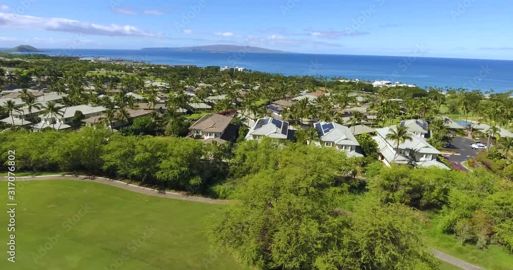 Vacation villas inside new resort with palm trees and green gardens around beautiful landscape in Hawaii Vacation villas inside new resort with palm trees and green gardens around beautiful landscape in Hawaii
