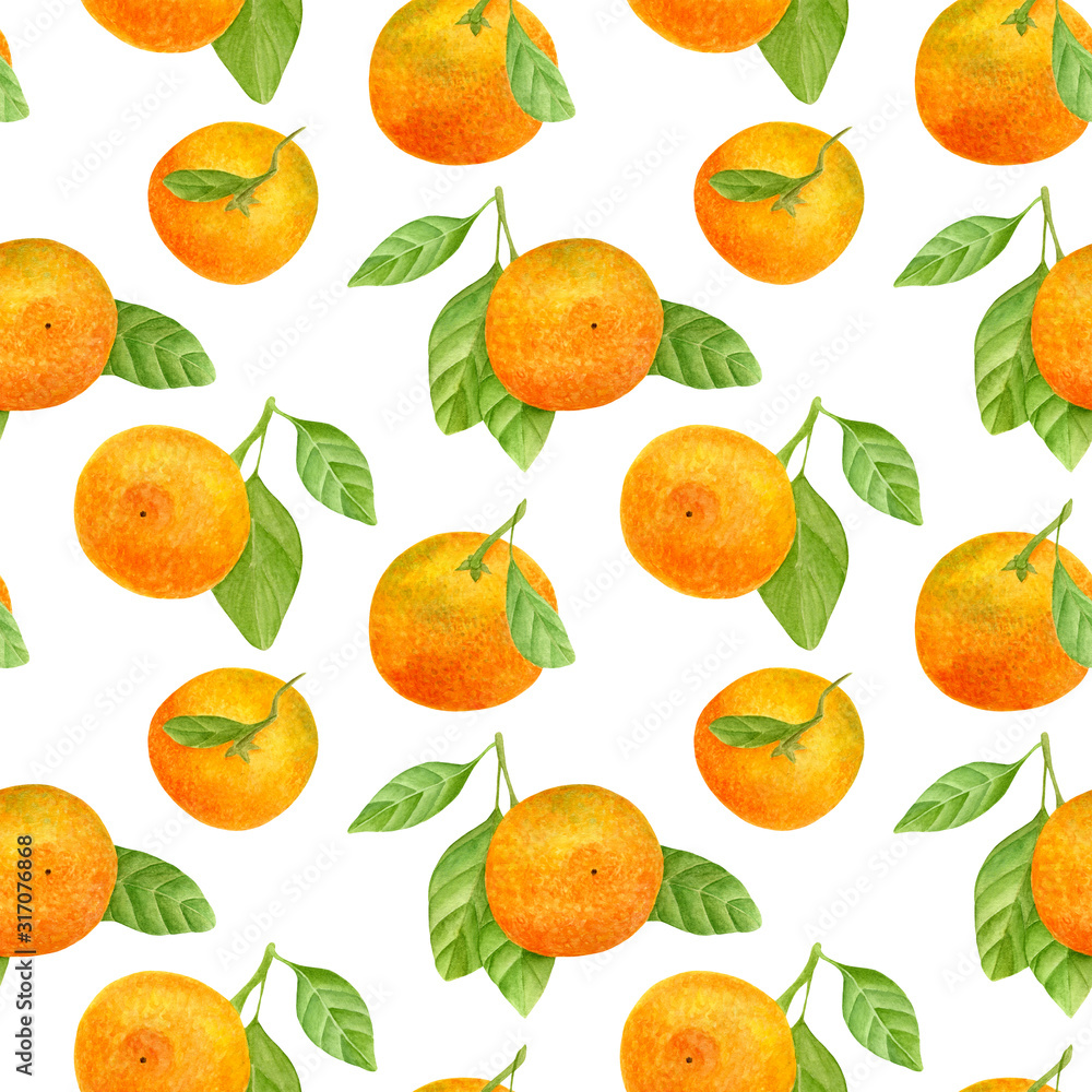 Watercolor tangerine seamless pattern. Hand drawn botanical illustration of mandarin fruits with leaves. Citrus plants isolated on white background for design, textile, package, wrapping