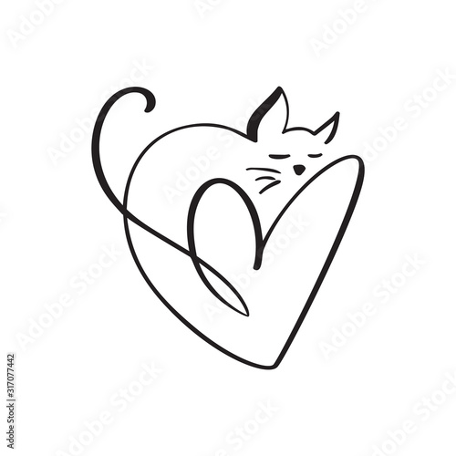 Heart and cat love logo sign. Design flourish element for valentine card. Vector illustration. Romantic symbol wedding. Template for t shirt, banner, poster