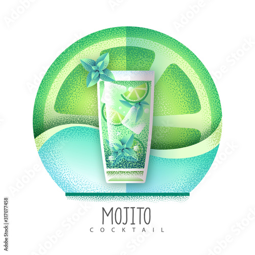 Vector illustration of mojito cocktail icon. Grainy texture design