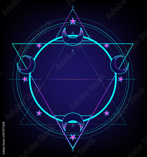 Sacred Geometry and Boo symbol set. Ayurveda sign of harmony and balance. Tattoo design, yoga logo. poster, t-shirt textile. Colorful rainbow gradient over black.