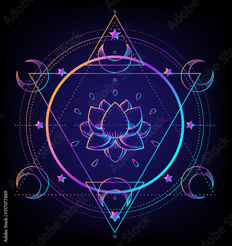 Sacred Geometry and Boo symbol set. Ayurveda sign of harmony and balance. Tattoo design, yoga logo. poster, t-shirt textile. Colorful rainbow gradient over black.