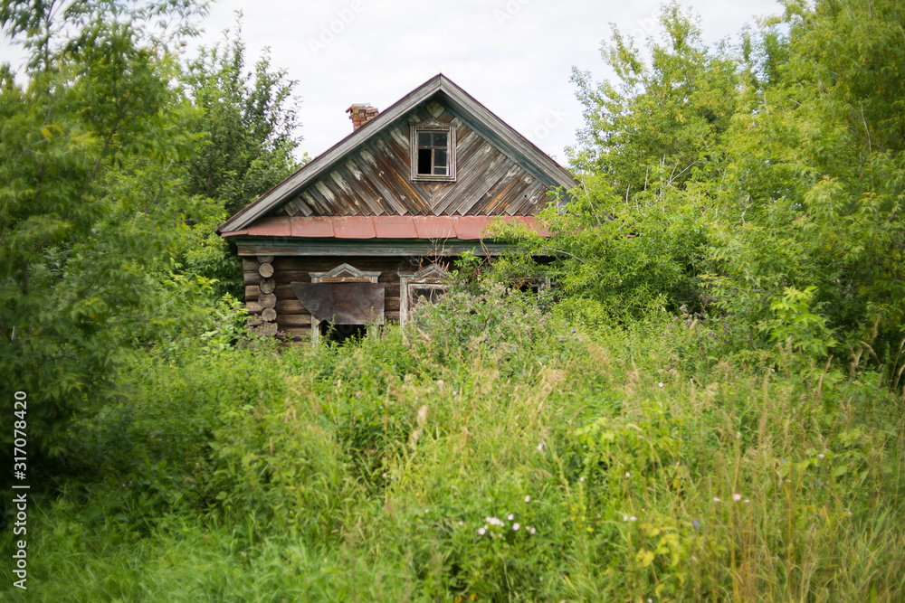 Destroyed house in a Russian village among the grass. Open door of an abandoned building