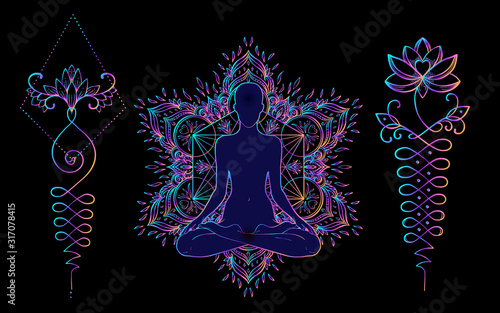 Sacred Geometry and Boo symbol set. Ayurveda sign of harmony and balance. Tattoo design, yoga logo. poster, t-shirt textile. Colorful rainbow gradient over black.