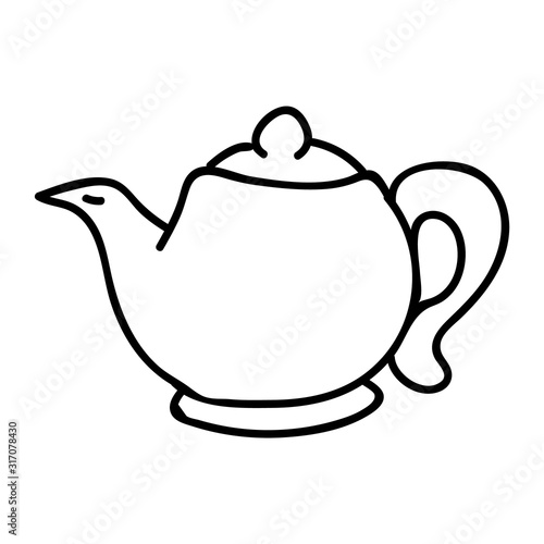 Cute afternoon tea teapot clipart. Hand drawn breakfast drink kitchenware. Porcelain domestic crockery lineart in flat color. Monochrome isolated spout, utensil, hot. Vector EPS10. 