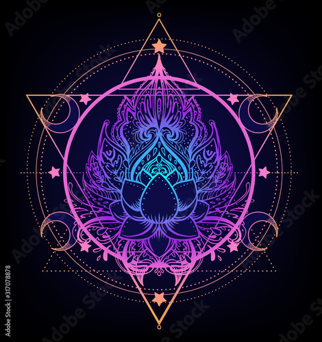 Sacred Geometry and Boo symbol set. Ayurveda sign of harmony and balance. Tattoo design, yoga logo. poster, t-shirt textile. Colorful rainbow gradient over black.
