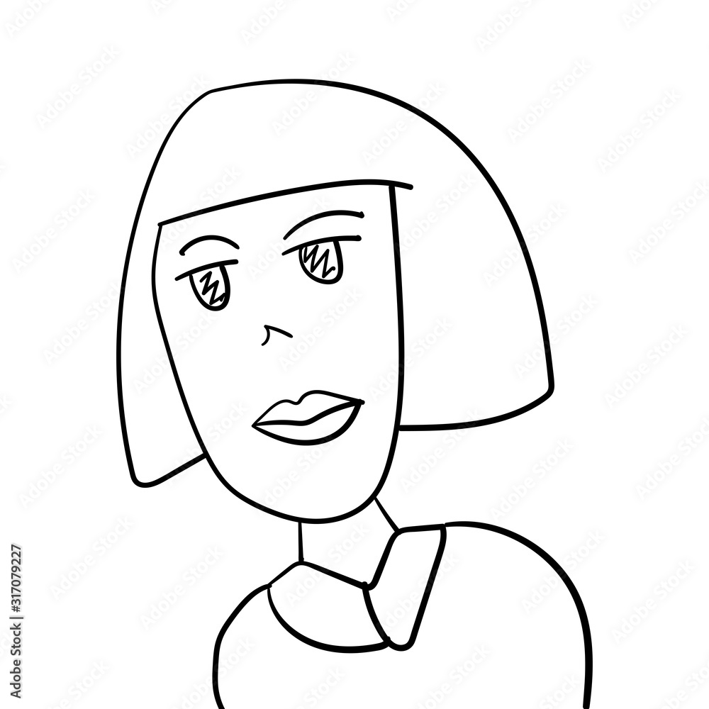 Sketch of portrait of funny girl or woman. Drawn by hand. Simple vector illustration.