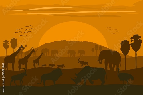 Vector illustration: classic African landscape with wild animals and Kilimanjaro. © silentstock639