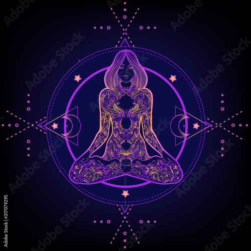 Sacred Geometry and Boo symbol set. Ayurveda sign of harmony and balance. Tattoo design, yoga logo. poster, t-shirt textile. Colorful rainbow gradient over black.