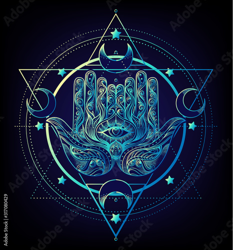 Sacred Geometry and Boo symbol set. Ayurveda sign of harmony and balance. Tattoo design, yoga logo. poster, t-shirt textile. Colorful rainbow gradient over black.