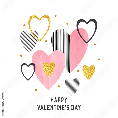 Valentines day card with abstract pink hearts. Love illustration.