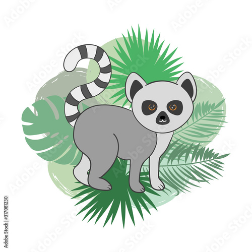 Cute cartoon lemur with palm leaves. Vector illustration